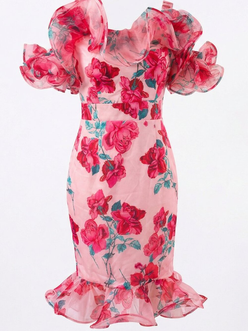 Luxury Designer Runway Wedding Evening Cocktail Flowers Roses Ruffles Dress Gown